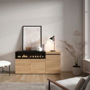 wohnli-moebel-suche-M25015424-1 Sideboard Holzeffekt Kamin mit Feuereffekt 150x35x75 Eiche und Schwarz 150x75x35cm Spanplatte Beige Skraut home Möbel Esszimmermöbel Sideboards, Highboards & niedrige Anrichten