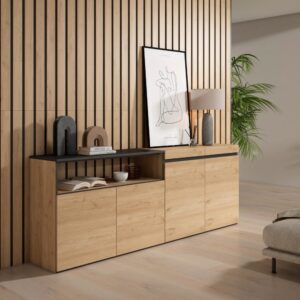 wohnli-moebel-suche-M25015426-1 Sideboard Holzeffekt 200x35x75cm Eiche und Schwarz 200x75x35cm Spanplatte Beige Skraut home Möbel Esszimmermöbel Sideboards, Highboards & niedrige Anrichten