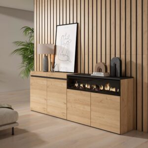 Sideboard Holzeffekt Kamin mit Feuereffekt 200x35x75 Eiche und Schwarz 200x75x35cm Spanplatte Beige Skraut home Möbel Esszimmermöbel Sideboards, Highboards & niedrige Anrichten