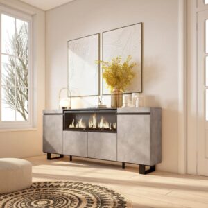 wohnli-moebel-suche-M25015428-1 Sideboard Holzeffekt Kamin mit Feuereffekt XXL 208x35x87cm Zement 208x87x35cm Spanplatte Grau Skraut home Möbel Esszimmermöbel Sideboards, Highboards & niedrige Anrichten