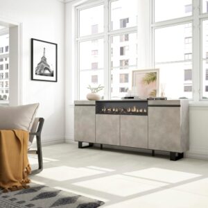 Sideboard Holzeffekt Kamin mit Feuereffekt 200x35x87cm Zement 200x87x35cm Spanplatte Grau Skraut home Möbel Esszimmermöbel Sideboards, Highboards & niedrige Anrichten