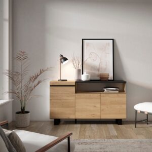 Sideboard Holzeffekt mit Beinen 150x35x87cm Eiche und Schwarz 150x87x35cm Spanplatte Beige Skraut home Möbel Esszimmermöbel Sideboards, Highboards & niedrige Anrichten