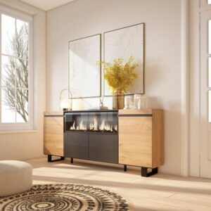wohnli-moebel-suche-M25015441-1 Sideboard Holzeffekt Kamin mit Feuereffekt 208x35x87 Eiche und Schwarz 208x87x35cm Spanplatte Beige Skraut home Möbel Esszimmermöbel Sideboards, Highboards & niedrige Anrichten