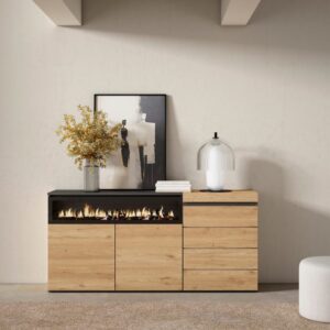 wohnli-moebel-suche-M25015444-1 Sideboard Holzeffekt Kamin mit Feuereffekt 157x35x75cm Eiche 157x75x35cm Spanplatte Beige Skraut home Möbel Esszimmermöbel Sideboards, Highboards & niedrige Anrichten