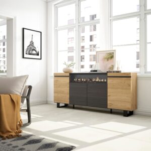 Sideboard Holzeffekt Kamin mit Feuereffekt 200x35x87 Eiche und Schwarz 200x87x35cm Spanplatte Beige Skraut home Möbel Esszimmermöbel Sideboards, Highboards & niedrige Anrichten