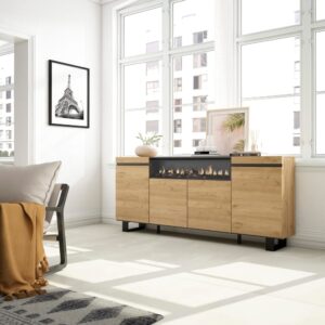 wohnli-moebel-suche-M25015452-1 Sideboard Holzeffekt Kamin mit Feuereffekt 200x35x87 Eiche und Schwarz 200x87x35cm Spanplatte Beige Skraut home Möbel Esszimmermöbel Sideboards, Highboards & niedrige Anrichten