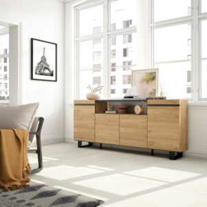 Sideboard Holzeffekt mit Beinen 200x35x87cm Eiche und Schwarz 200x87x35cm Spanplatte Beige Skraut home Möbel Esszimmermöbel Sideboards, Highboards & niedrige Anrichten