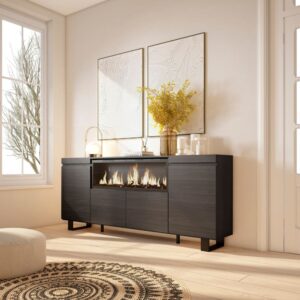 wohnli-moebel-suche-M25015459-1 Sideboard Holzeffekt Kamin mit Feuereffekt XXL 208x35x87cm Schwarz 208x87x35cm Spanplatte Schwarz Skraut home Möbel Esszimmermöbel Sideboards, Highboards & niedrige Anrichten