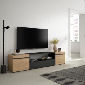 TV-Möbel Holzeffekt 200x35x45cm Eiche und Schwarz 200x45x35cm Spanplatte Beige Skraut home Möbel Wohnzimmermöbel TV-Möbel
