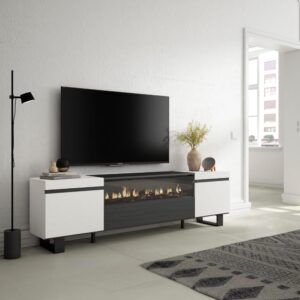 TV-Möbel Holzeffekt Kamin mit Feuereffekt 200x35x57cm Weiß und Schwarz 200x57x35cm Spanplatte Weiß Skraut home Möbel Wohnzimmermöbel TV-Möbel