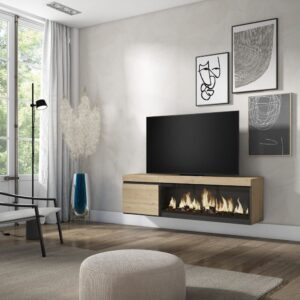 TV-Möbel Holzeffekt Kamin mit Feuereffekt XXL 158x35x45cm Eiche 158x45x35cm Spanplatte Beige Skraut home Möbel Wohnzimmermöbel TV-Möbel