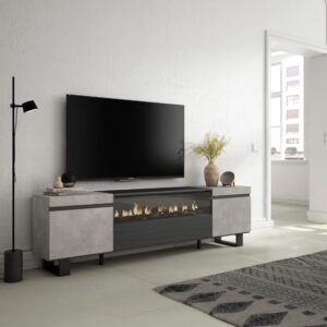 TV-Möbel Holzeffekt Kamin mit Feuereffekt 200x35x57cm Zement 200x57x35cm Spanplatte Grau Skraut home Möbel Wohnzimmermöbel TV-Möbel