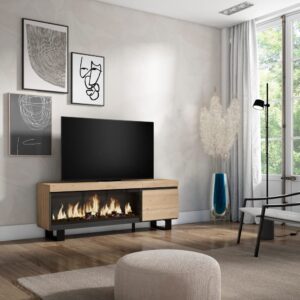 TV-Möbel Holzeffekt Kamin mit Feuereffekt XXL 158x35x57cm Eiche 158x57x35cm Spanplatte Beige Skraut home Möbel Wohnzimmermöbel TV-Möbel