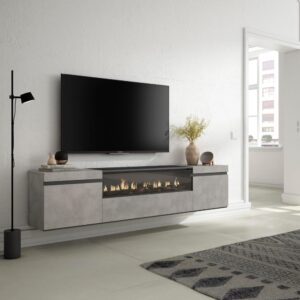 TV-Möbel Holzeffekt Kamin mit Feuereffekt 200x35x45cm Zement 200x45x35cm Spanplatte Grau Skraut home Möbel Wohnzimmermöbel TV-Möbel