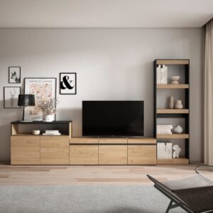 Wohnwand Holzeffekt 310x35x186cm Eiche und Schwarz 310x186x35cm Spanplatte Beige Skraut home Möbel Wohnzimmermöbel TV-Möbel