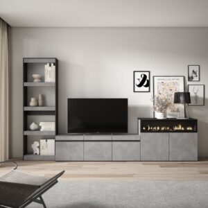 Wohnwand Holzeffekt Kamin mit Feuereffekt 310x35x186cm Zement 310x186x35cm Spanplatte Grau Skraut home Möbel Wohnzimmermöbel TV-Möbel