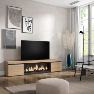 wohnli-moebel-suche-M25015501-1 TV-Möbel Holzeffekt Kamin mit Feuereffekt XXL 208x35x45cm Eiche 208x45x35cm Spanplatte Beige Skraut home Möbel Wohnzimmermöbel TV-Möbel
