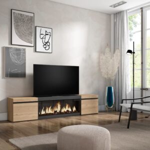 TV-Möbel Holzeffekt Kamin mit Feuereffekt 208x35x45 Eiche und Schwarz 208x45x35cm Spanplatte Beige Skraut home Möbel Wohnzimmermöbel TV-Möbel