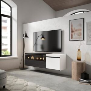 wohnli-moebel-suche-M25015503-1 TV-Möbel Holzeffekt Kamin mit Feuereffekt 150x35x45cm Weiß und Schwarz 150x45x35cm Spanplatte Weiß Skraut home Möbel Wohnzimmermöbel TV-Möbel