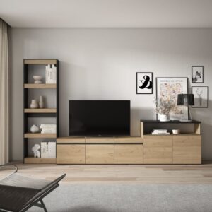 wohnli-moebel-suche-M25015512-1 Wohnwand Holzeffekt 310x35x186cm Eiche und Schwarz 310x186x35cm Spanplatte Beige Skraut home Möbel Wohnzimmermöbel TV-Möbel