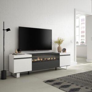 TV-Möbel Holzeffekt Kamin mit Feuereffekt 200x35x57cm Weiß und Schwarz 200x57x35cm Spanplatte Weiß Skraut home Möbel Wohnzimmermöbel TV-Möbel