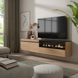 wohnli-moebel-suche-M25015533-1 TV-Möbel Holzeffekt Kamin mit Feuereffekt 200x35x45 Eiche und Schwarz 200x45x35cm Spanplatte Beige Skraut home Möbel Wohnzimmermöbel TV-Möbel