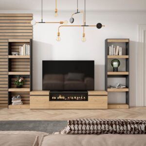 wohnli-moebel-suche-M25015537-1 Wohnwand Holzeffekt Kamin mit Feuereffekt 320x35x186 Eiche und Schwarz 320x186x35cm Spanplatte Beige Skraut home Möbel Wohnzimmermöbel TV-Möbel
