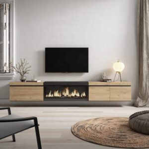 wohnli-moebel-suche-M25015539-1 TV-Möbel Holzeffekt Kamin mit Feuereffekt 288x35x45 Eiche und Schwarz 288x45x35cm Spanplatte Beige Skraut home Möbel Wohnzimmermöbel TV-Möbel