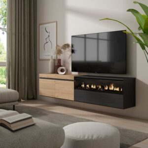 TV-Möbel Holzeffekt Kamin mit Feuereffekt 200x35x45 Eiche und Schwarz 200x45x35cm Spanplatte Beige Skraut home Möbel Wohnzimmermöbel TV-Möbel