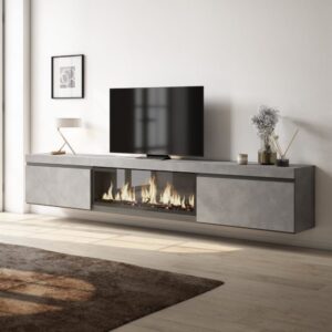 TV-Möbel Holzeffekt Kamin mit Feuereffekt XXL 267x35x45cm Zement 267x45x35cm Spanplatte Grau Skraut home Möbel Wohnzimmermöbel TV-Möbel