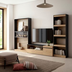 wohnli-moebel-suche-M25015547-1 Wohnwand Holzeffekt Kamin mit Feuereffekt 320x35x186 Eiche und Schwarz 320x186x35cm Spanplatte Beige Skraut home Möbel Wohnzimmermöbel TV-Möbel