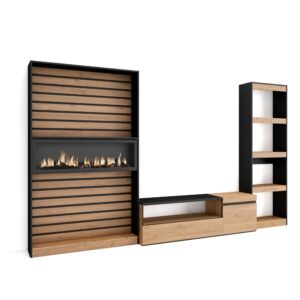 wohnli-moebel-suche-M25015547 Wohnli Möbelsuche - Wohnwand Holzeffekt Kamin mit Feuereffekt 320x35x186 Eiche und Schwarz