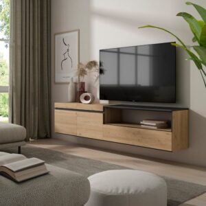 wohnli-moebel-suche-M25015548-1 TV-Möbel Holzeffekt Hängend 200x35x45cm Eiche und Schwarz 200x45x35cm Spanplatte Beige Skraut home Möbel Wohnzimmermöbel TV-Möbel