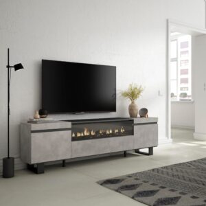 TV-Möbel Holzeffekt Kamin mit Feuereffekt 200x35x57cm Zement 200x57x35cm Spanplatte Grau Skraut home Möbel Wohnzimmermöbel TV-Möbel