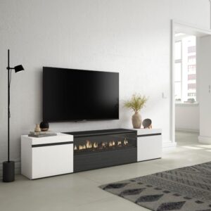 TV-Möbel Holzeffekt Kamin mit Feuereffekt 200x35x45cm Weiß und Schwarz 200x45x35cm Spanplatte Weiß Skraut home Möbel Wohnzimmermöbel TV-Möbel