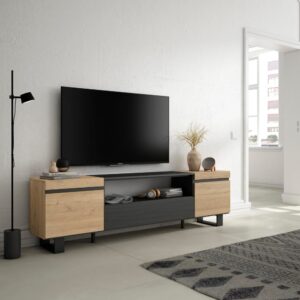 TV-Möbel Holzeffekt mit Beinen 200x35x57cm Eiche und Schwarz 200x57x35cm Spanplatte Beige Skraut home Möbel Wohnzimmermöbel TV-Möbel