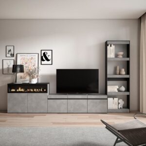 wohnli-moebel-suche-M25015574-1 Wohnwand Holzeffekt Kamin mit Feuereffekt 310x35x186cm Zement 310x186x35cm Spanplatte Grau Skraut home Möbel Wohnzimmermöbel TV-Möbel