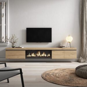 wohnli-moebel-suche-M25015576-1 TV-Möbel Holzeffekt Kamin mit Feuereffekt XXL 288x35x45cm Eiche 288x45x35cm Spanplatte Beige Skraut home Möbel Wohnzimmermöbel TV-Möbel