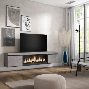 TV-Möbel Holzeffekt Kamin mit Feuereffekt XXL 208x35x45cm Zement 208x45x35cm Spanplatte Grau Skraut home Möbel Wohnzimmermöbel TV-Möbel