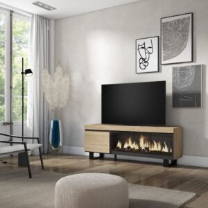 TV-Möbel Holzeffekt Kamin mit Feuereffekt XXL 158x35x57cm Eiche 158x57x35cm Spanplatte Beige Skraut home Möbel Wohnzimmermöbel TV-Möbel