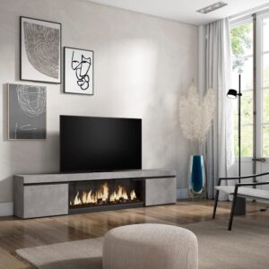 TV-Möbel Holzeffekt Kamin mit Feuereffekt XXL 208x35x45cm Zement 208x45x35cm Spanplatte Grau Skraut home Möbel Wohnzimmermöbel TV-Möbel