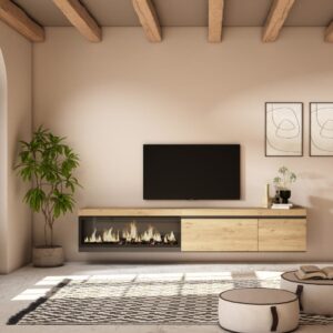 TV-Möbel Holzeffekt Kamin mit Feuereffekt XXL 237x35x45cm Eiche 237x45x35cm Spanplatte Beige Skraut home Möbel Wohnzimmermöbel TV-Möbel