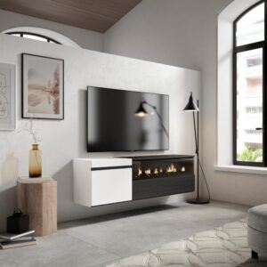 wohnli-moebel-suche-M25015600-1 TV-Möbel Holzeffekt Kamin mit Feuereffekt 150x35x45cm Weiß und Schwarz 150x45x35cm Spanplatte Weiß Skraut home Möbel Wohnzimmermöbel TV-Möbel