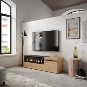 TV-Möbel Holzeffekt Kamin mit Feuereffekt 150x35x45 Eiche und Schwarz 150x45x35cm Spanplatte Beige Skraut home Möbel Wohnzimmermöbel TV-Möbel