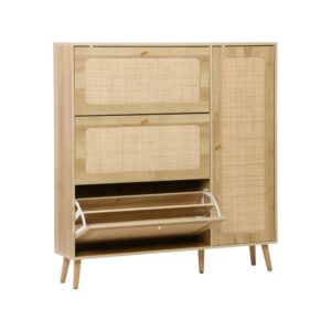 Schuhschrank mit Rohrgeflecht und 3 Klapptüren naturfarben 120x125x24cm Spanplatte Beige sweeek Möbel Flurmöbel Schuhschränke