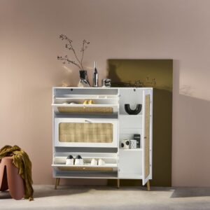 Schuhschrank mit Rohrgeflecht und 3 Klapptüren weiss 120x125x24cm Spanplatte Weiß sweeek Möbel Flurmöbel Schuhschränke