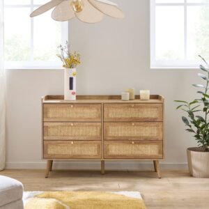 wohnli-moebel-suche-M25020064-1 Kommode mit 6 Schubladen und Fronten aus natürlichem Rattan L120 cm 120x79x39cm Spanplatte Beige Calicosy Möbel Schlafzimmermöbel Kommoden