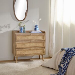 wohnli-moebel-suche-M25020065-1 Kommode 3 Schubladen und Fronten aus natürlichem Rattan L80 cm 80x79x39cm Spanplatte Beige Calicosy Möbel Schlafzimmermöbel Kommoden