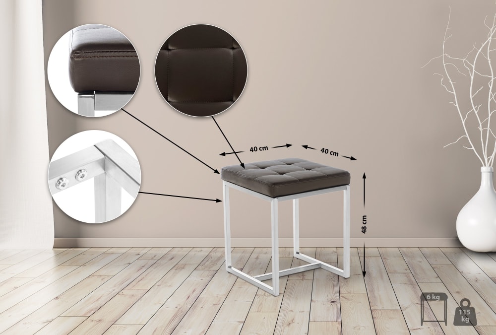 Sitzhocker aus Kunstleder braun 40x48x40cm PVC und Synthetik Braun CLP Möbel Wohnzimmermöbel Hocker