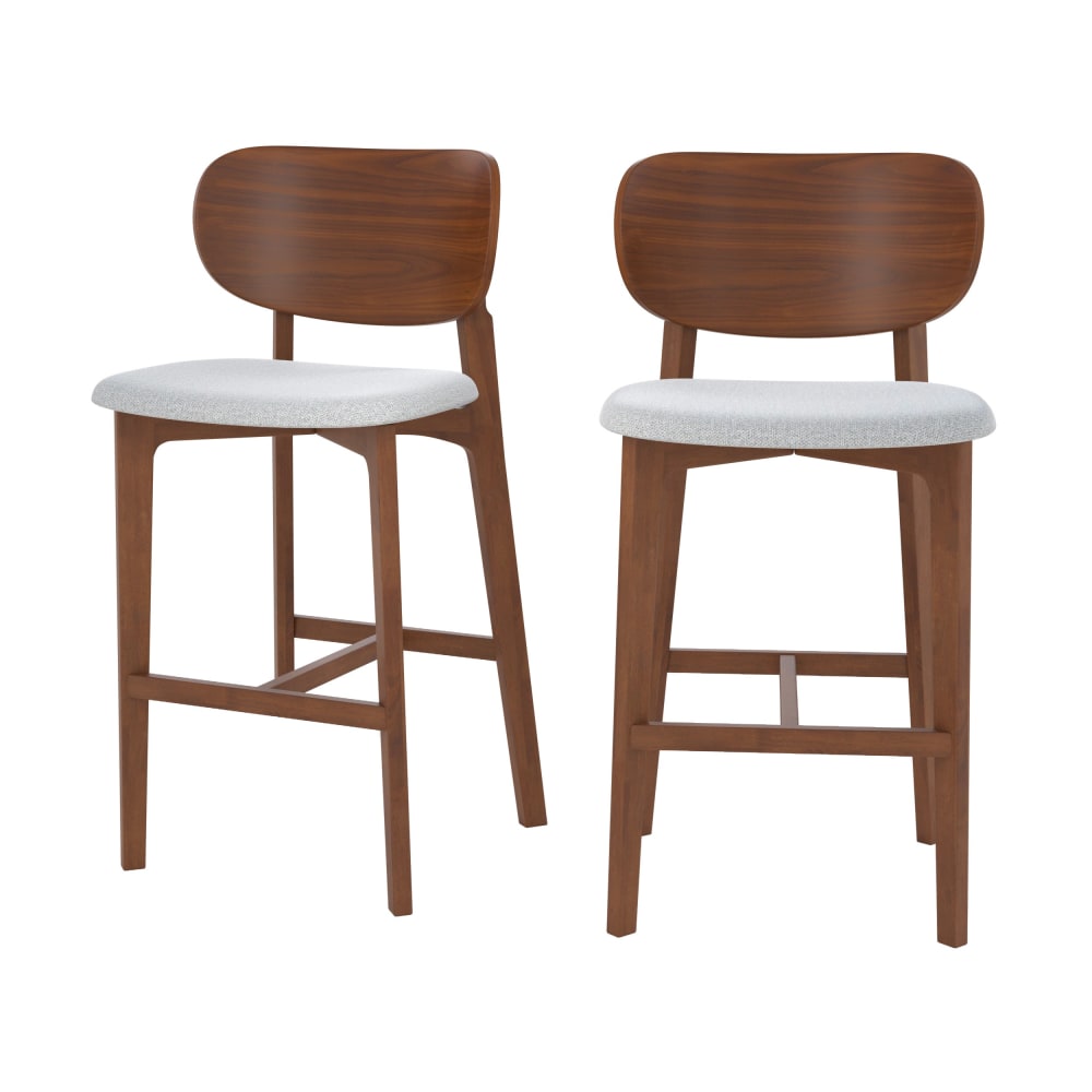 wohnli-moebel-suche-M25020502 Wohnli Möbelsuche - 2er Set Barstühle aus dunklem Holz und hellgrauem Stoff 66 cm